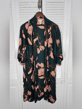 A New Day Lightweight Green Floral Kimono Duster Layering Open Front OSFM